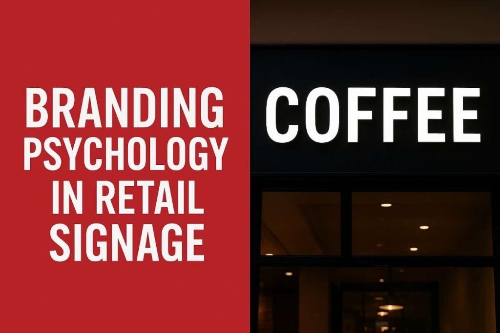 Split image showing “Branding Psychology in Retail Signage” text next to an illuminated coffee shop sign, illustrating how design influences retail branding.
