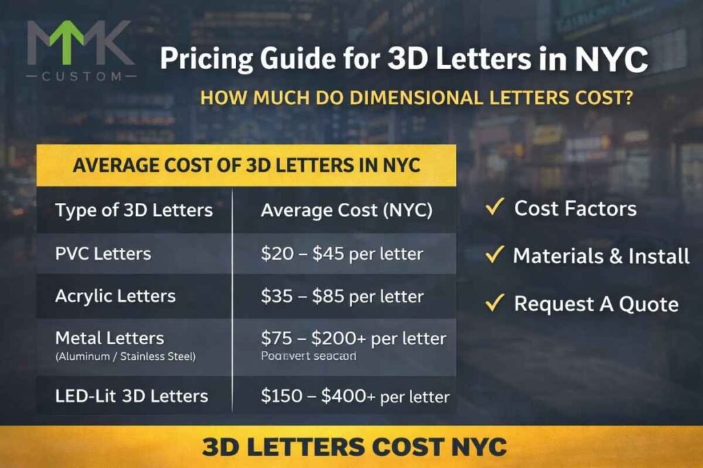 3D letters cost NYC pricing guide showing average costs for PVC, acrylic, metal, and LED 3D letters with custom signage branding