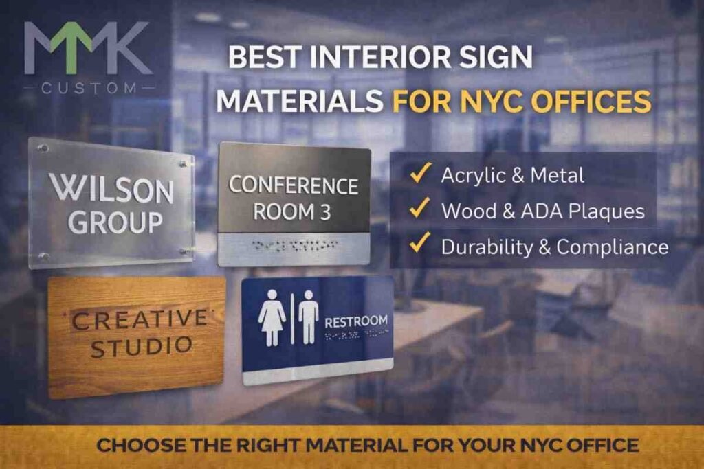 Examples of interior office signage materials in a NYC office, including acrylic signs, metal plaques, wood signs, and ADA-compliant restroom signage