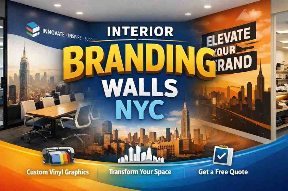 Modern office interior featuring interior branding walls NYC with custom vinyl graphics, logo wall murals, and professional business signage design