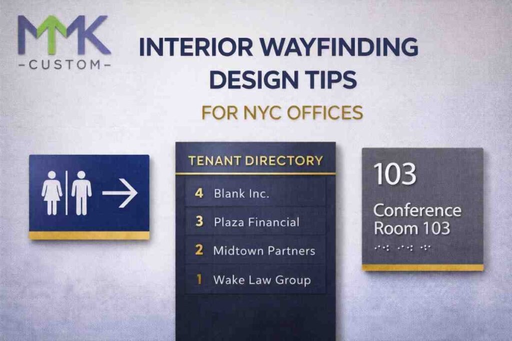 Interior wayfinding NYC office signage including tenant directory sign, ADA room number plaque, and restroom directional sign with logo