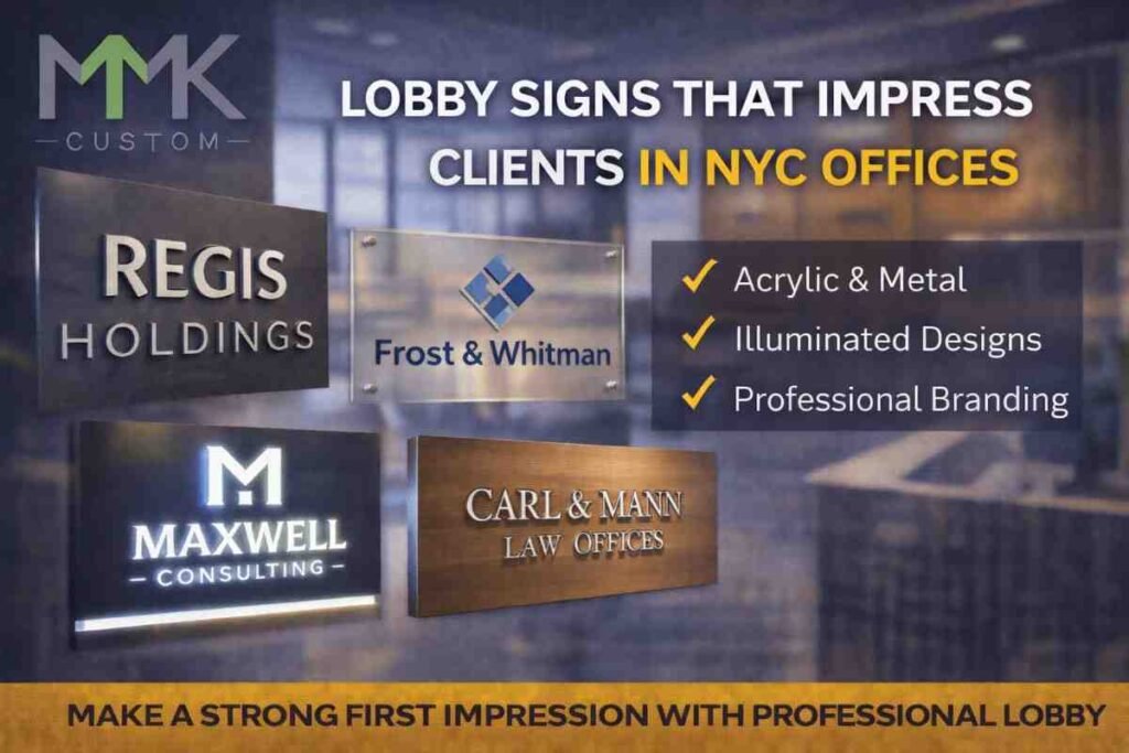 Custom lobby signs in NYC office reception featuring acrylic, metal, and illuminated logo signage with MMK Custom branding