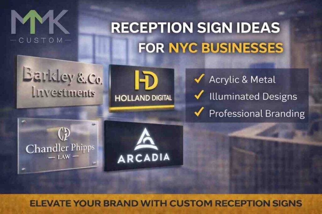 Custom reception signs in NYC office featuring acrylic, metal, illuminated, and dimensional logo signage with MMK Custom branding