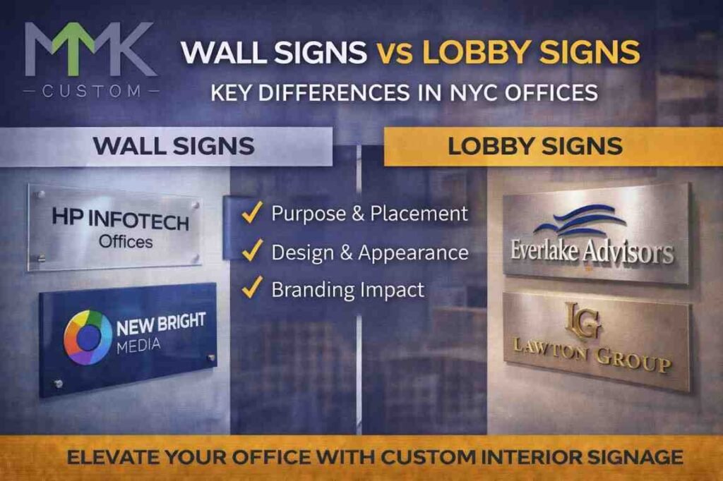 Wall signs vs lobby signs NYC comparison showing custom interior office signage including acrylic wall signs and dimensional lobby logo displays