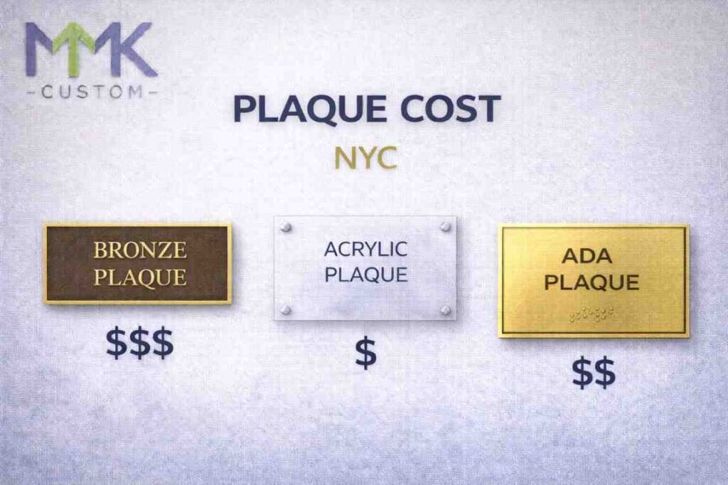 Plaque cost NYC comparison showing bronze plaque, acrylic plaque, and ADA plaque with pricing indicators and company logo