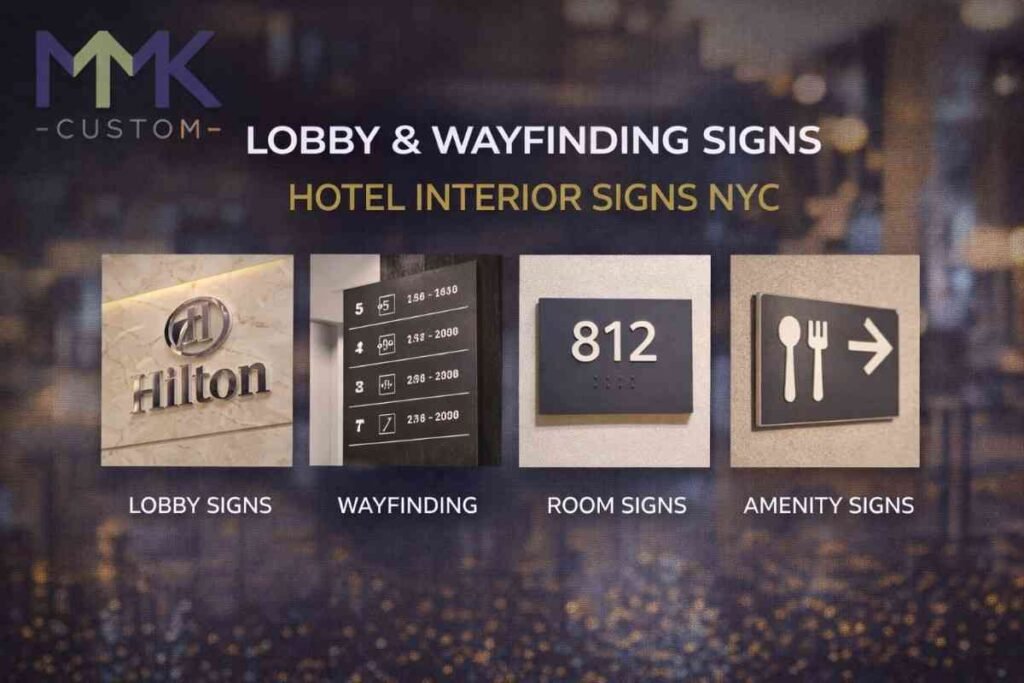 Hotel interior signs NYC including lobby signage, wayfinding directory signs, room number signs, and amenity direction signs for hotels.