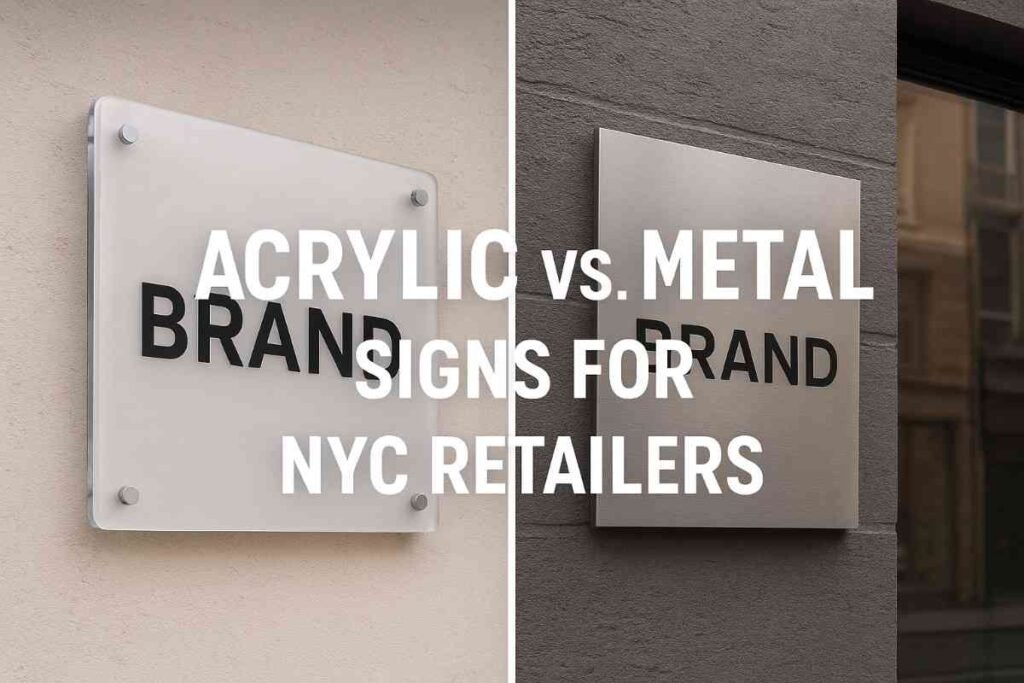 Side-by-side comparison of acrylic and metal business signs on real NYC storefronts showing clarity, durability, and lighting differences.