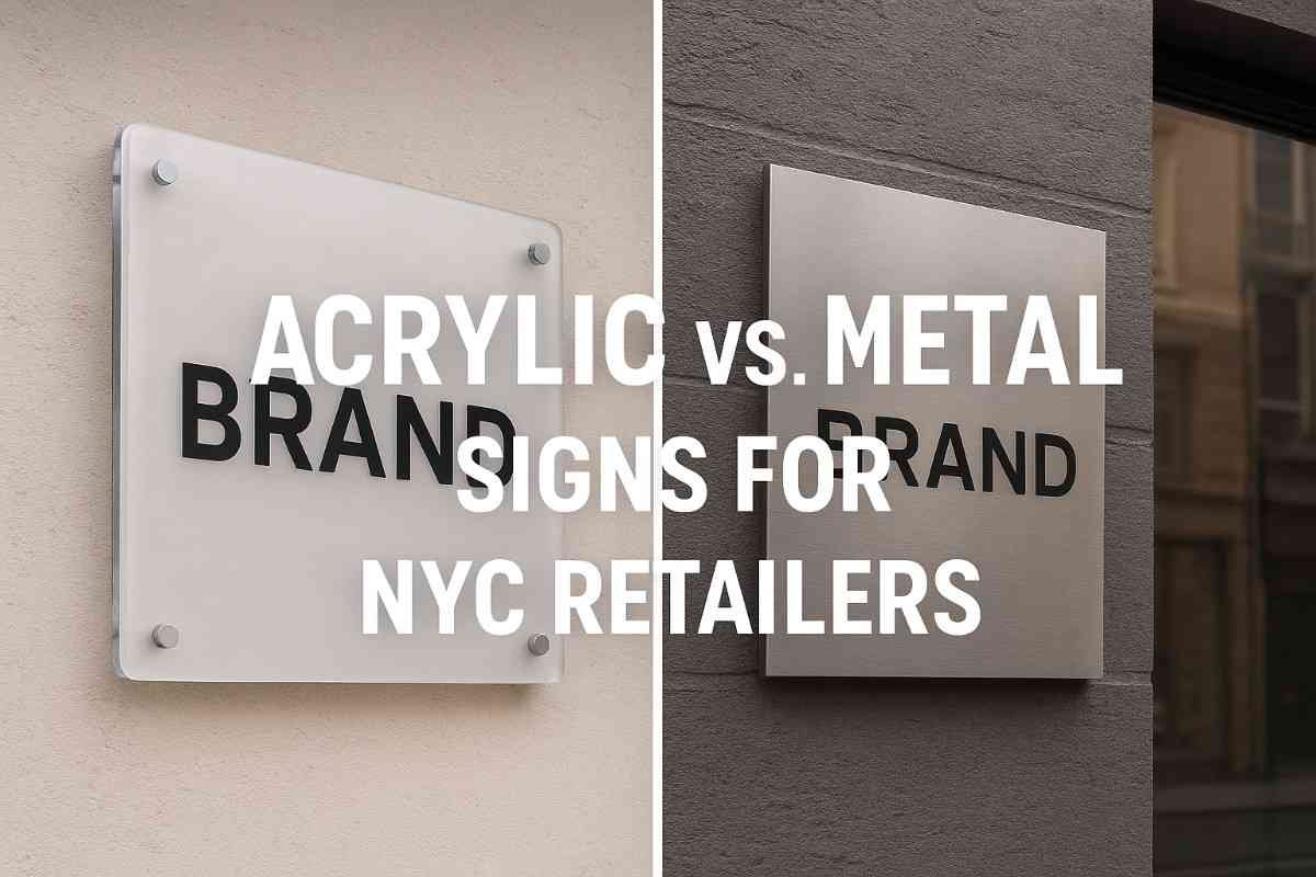 Side-by-side comparison of acrylic and metal business signs on real NYC storefronts showing clarity, durability, and lighting differences.