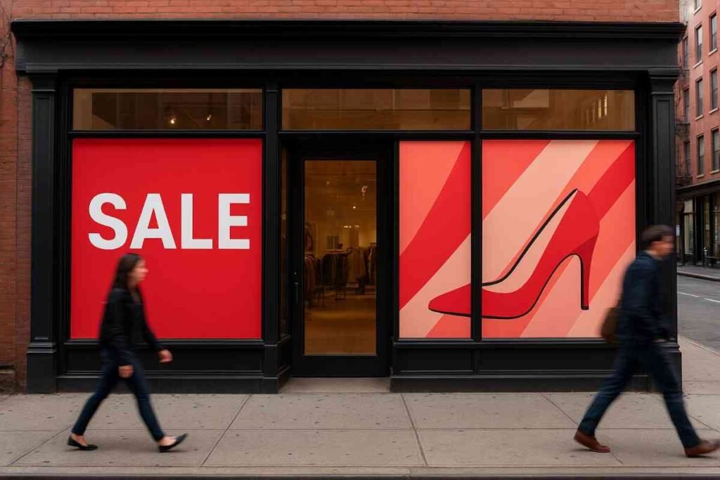 A Manhattan retail storefront with bold custom window graphics designed to attract foot traffic.