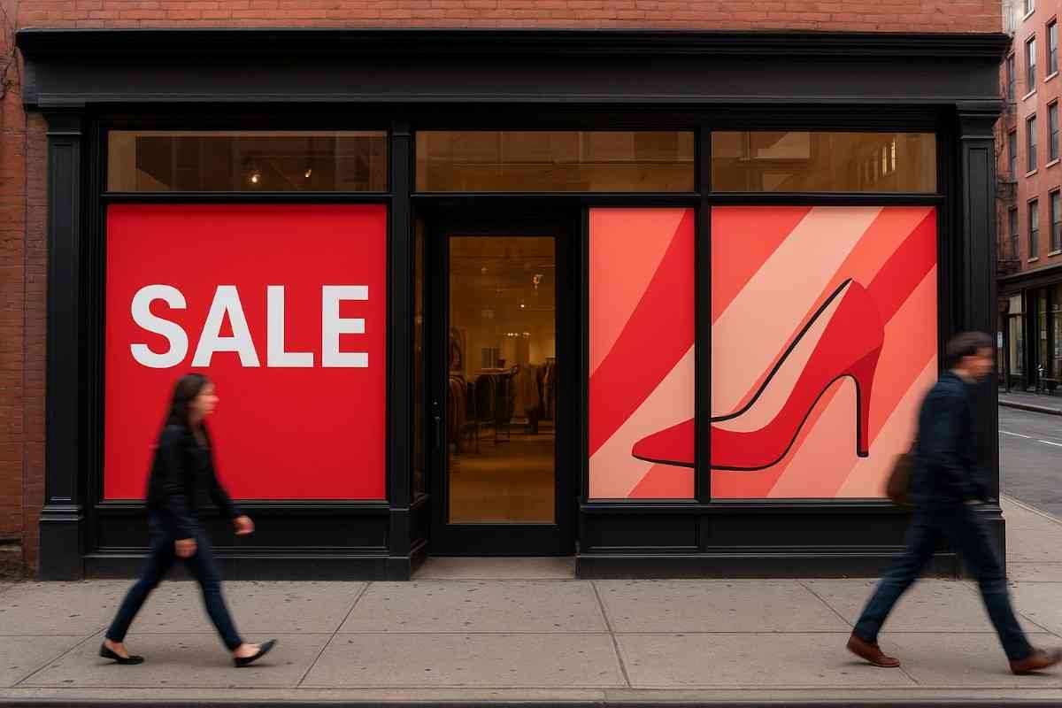 A Manhattan retail storefront with bold custom window graphics designed to attract foot traffic.