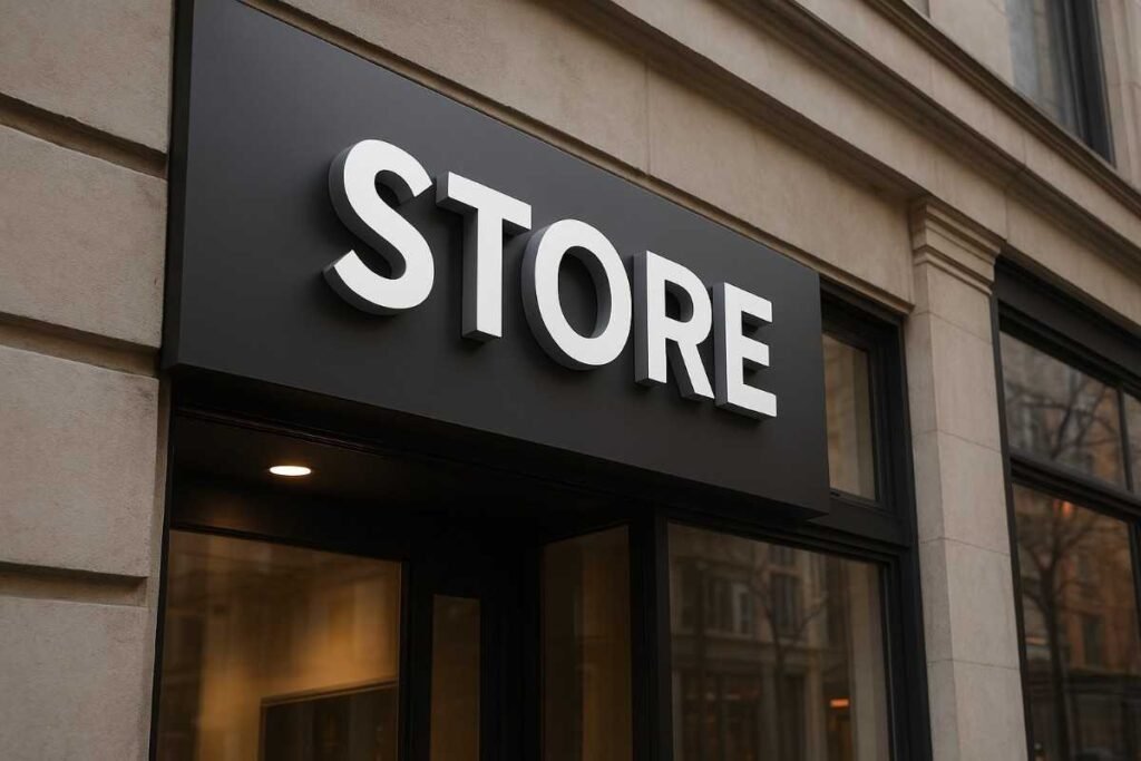 High-end storefront logo sign on a Manhattan retail shop, featuring clean 3D lettering and modern NYC-style branding.