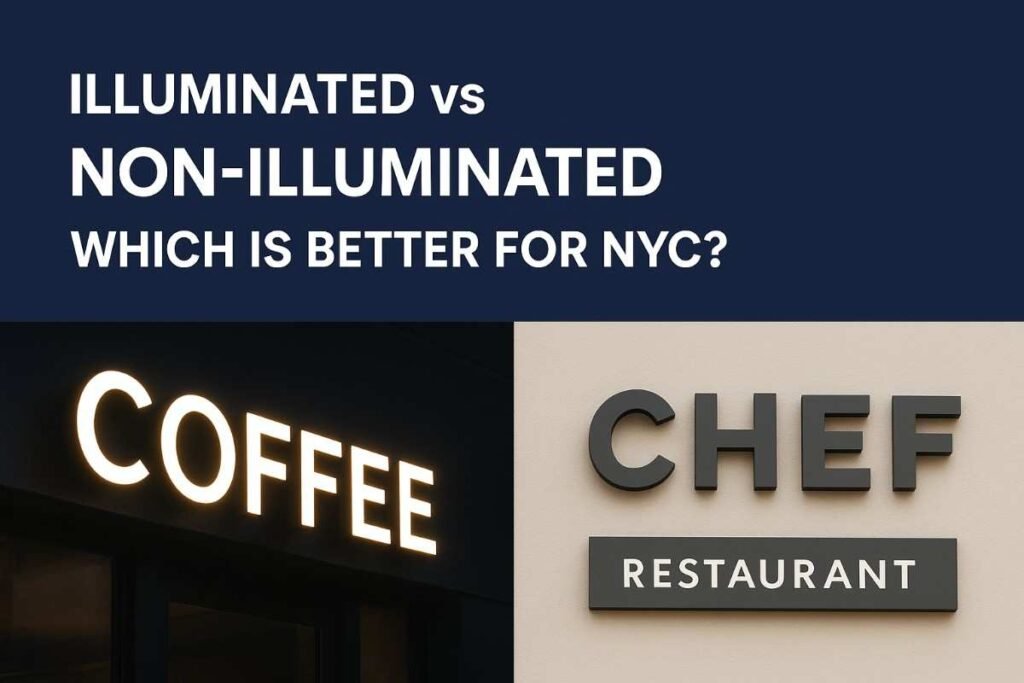 Illuminated vs non-illuminated signs comparison for NYC businesses showing a glowing coffee sign and a non-lit restaurant sign.
