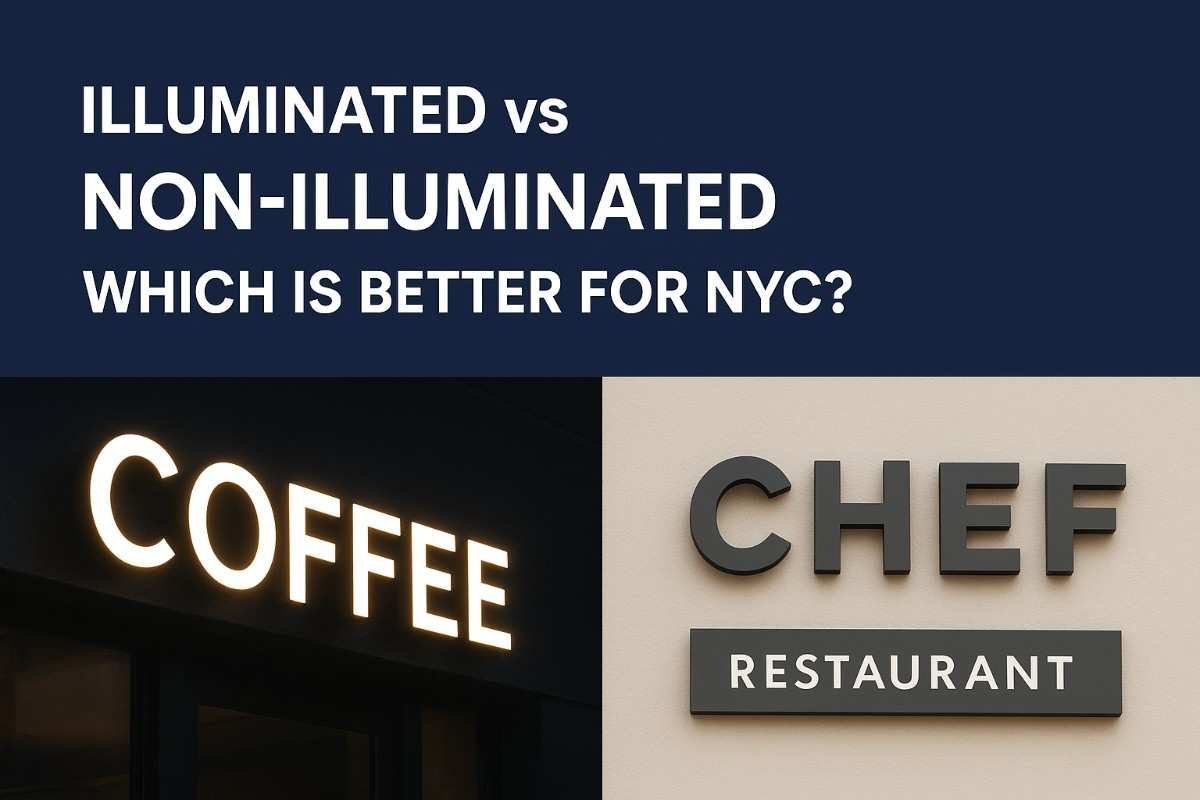 Illuminated vs non-illuminated signs comparison for NYC businesses showing a glowing coffee sign and a non-lit restaurant sign.