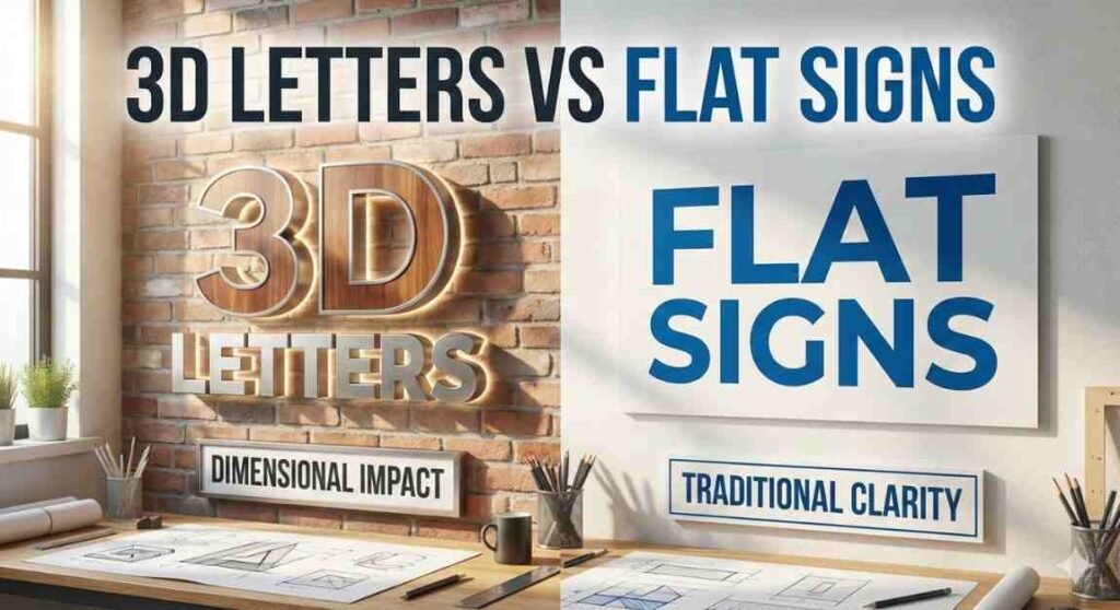 Realistic comparison of 3D letters and flat signs on NYC-style storefronts showing dimensional depth versus flat panel design.