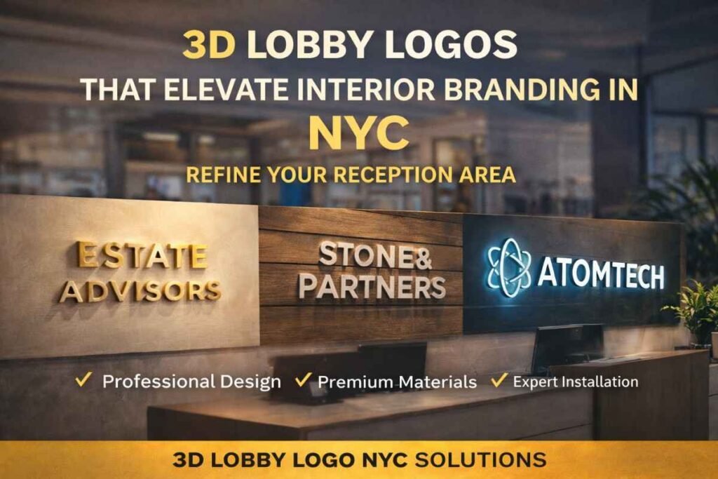 Custom 3D lobby logo signage installed in a modern NYC office reception area for premium interior branding.