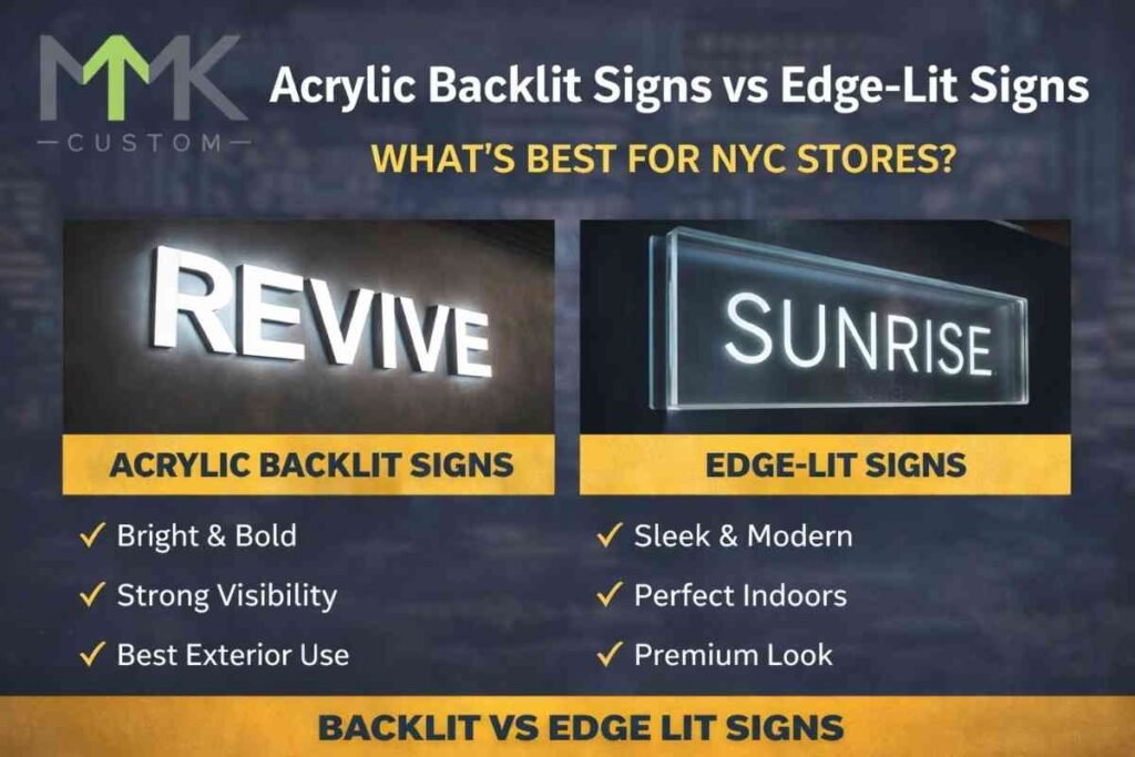 Comparison of acrylic backlit signs and edge-lit signs for NYC retail storefronts showing brightness and design differences
