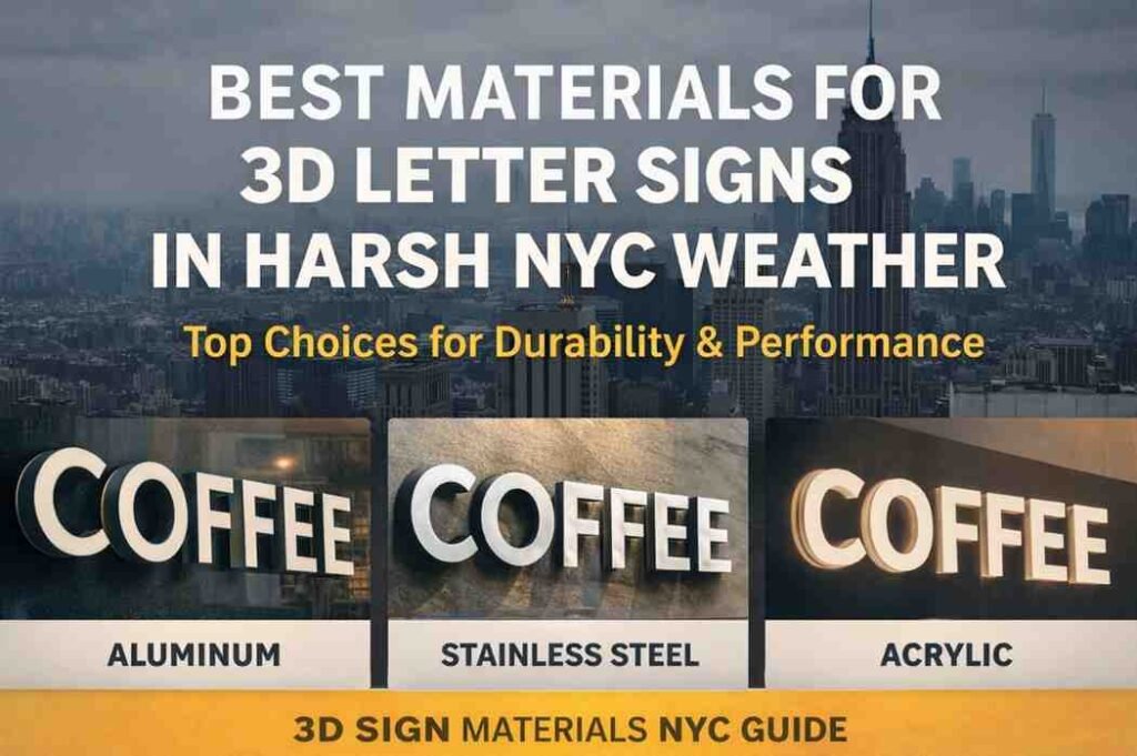 Comparison of aluminum, stainless steel, and acrylic 3D letter signs designed for harsh NYC weather conditions.