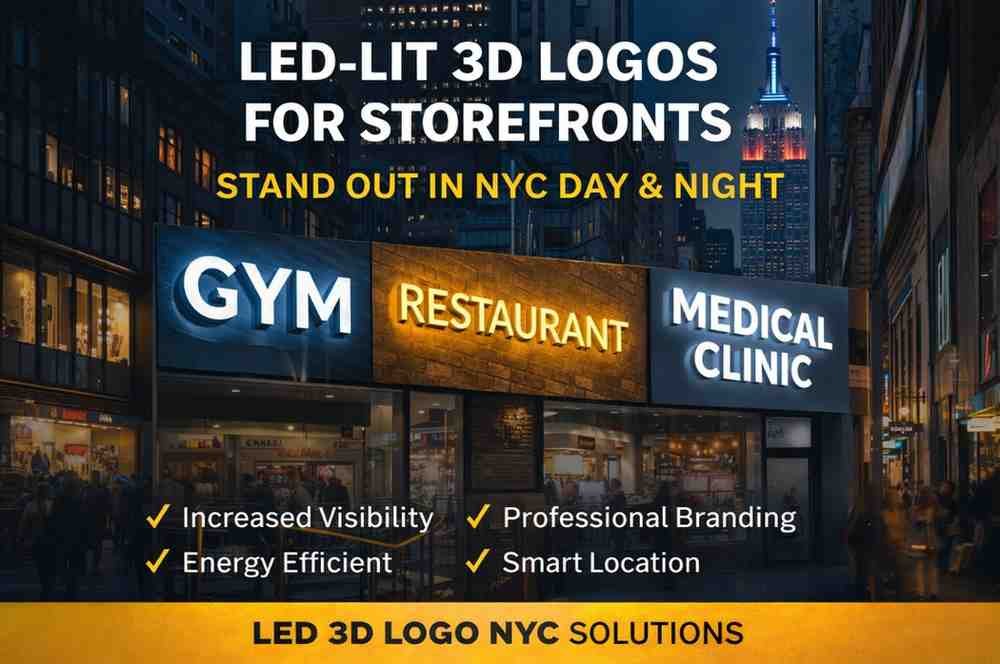 LED-lit 3D logo signage illuminating a modern storefront in New York City