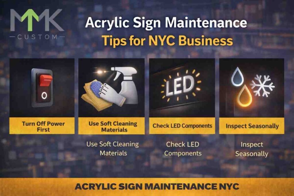 Acrylic sign maintenance tips for NYC businesses showing cleaning methods, LED inspection, and seasonal care for backlit signs