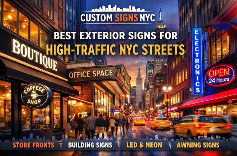 Busy NYC street with pedestrians and traffic, featuring vibrant exterior storefront signs, illuminated LED signs, and awnings, showcasing effective signage for high-traffic areas.