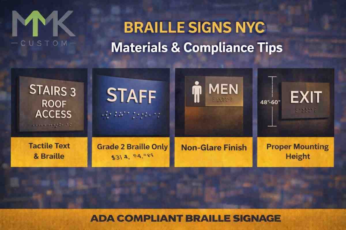 Braille signs NYC showing tactile text, Grade 2 Braille, non-glare finish, and proper ADA mounting height with MMK Custom branding