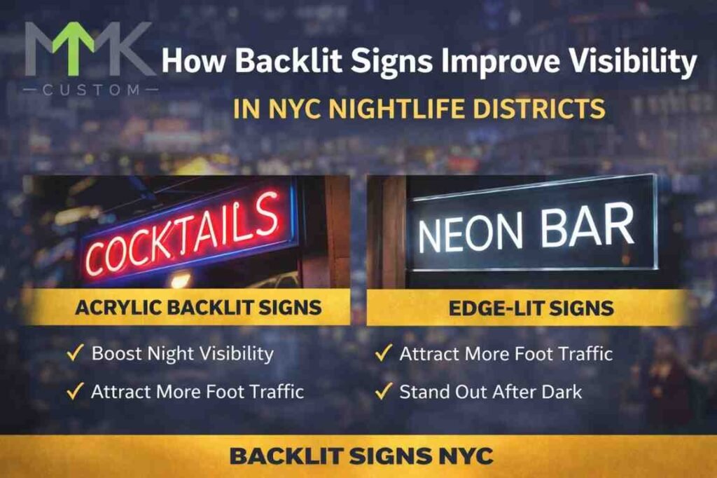 Backlit signs in NYC nightlife districts showcasing illuminated storefront signage that improves night visibility and attracts foot traffic.