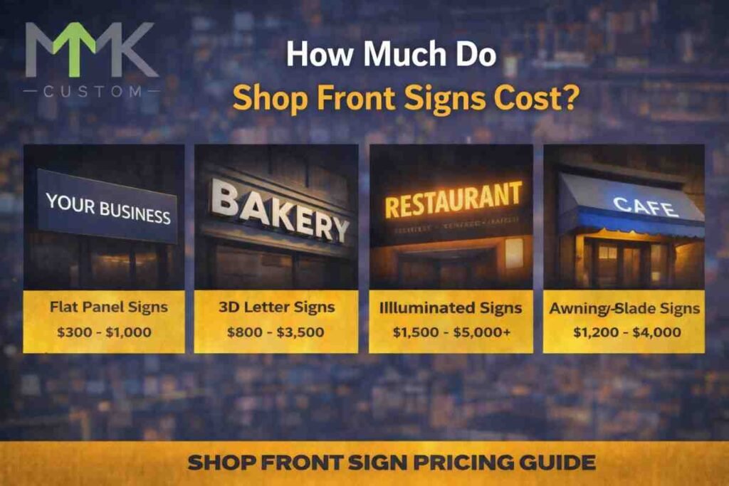 Shop front sign cost comparison in NYC showing flat panel signs, 3D letter signs, illuminated signs, and awning signs with price ranges by MMK Custom.