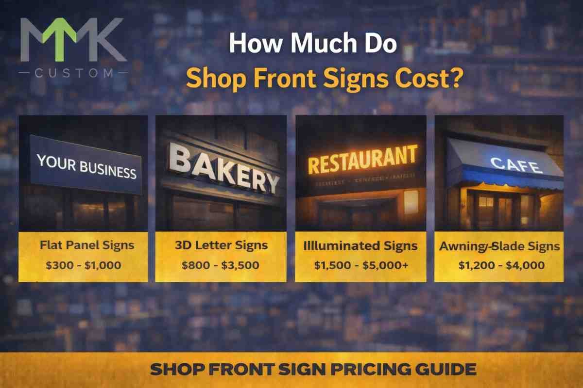 Shop front sign cost comparison in NYC showing flat panel signs, 3D letter signs, illuminated signs, and awning signs with price ranges by MMK Custom.