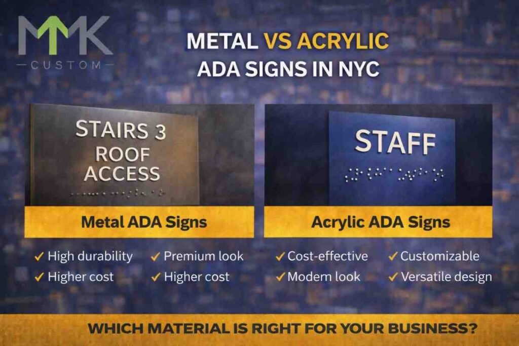 Metal vs acrylic ADA signs comparison in NYC showing tactile braille signage options for commercial buildings by MMK Custom