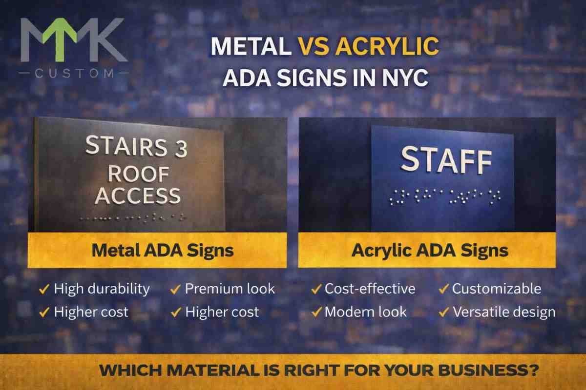 Metal vs acrylic ADA signs comparison in NYC showing tactile braille signage options for commercial buildings by MMK Custom