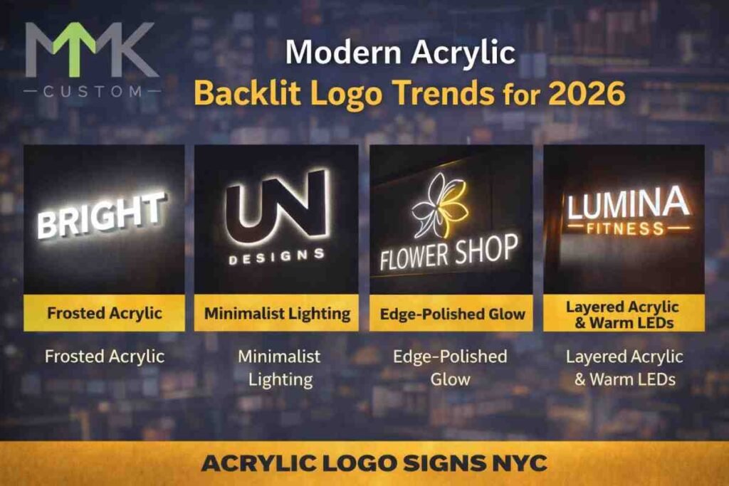 Modern acrylic backlit logo signs in NYC featuring frosted acrylic, minimalist lighting, edge-polished glow, and layered acrylic LED designs.