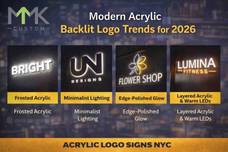 Modern acrylic backlit logo signs in NYC featuring frosted acrylic, minimalist lighting, edge-polished glow, and layered acrylic LED designs.