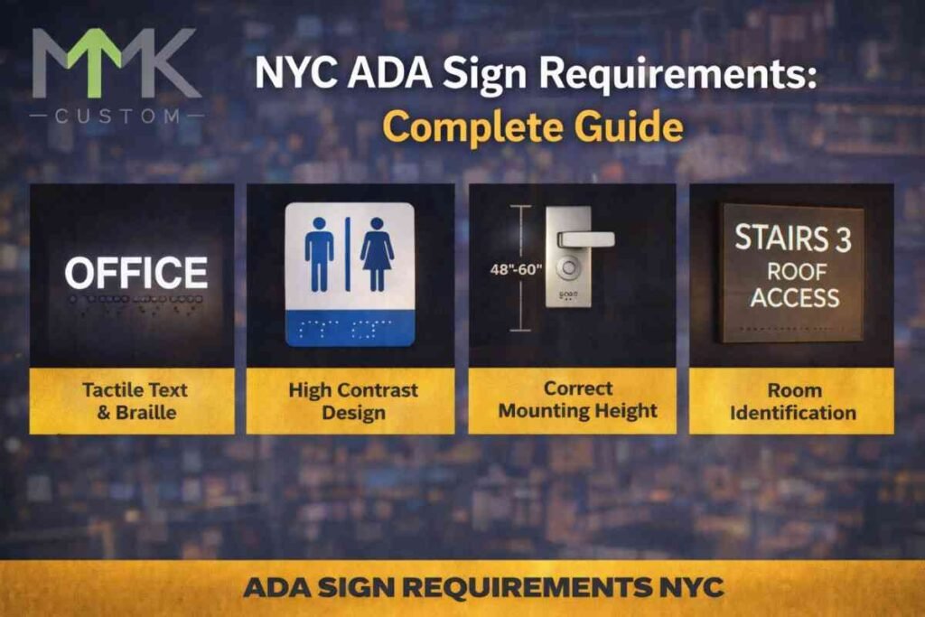 NYC ADA sign requirements infographic showing tactile braille signs, high contrast design, correct mounting height, and room identification with MMK Custom logo