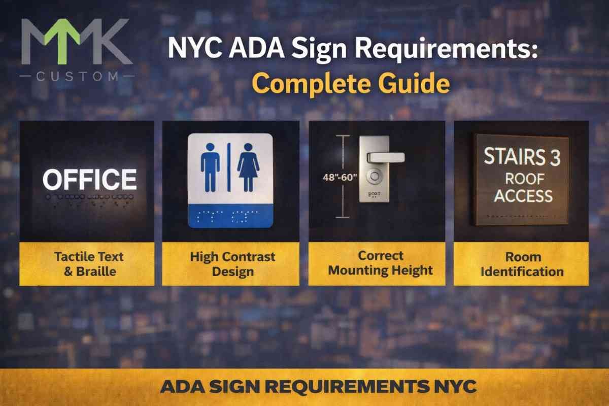 NYC ADA sign requirements infographic showing tactile braille signs, high contrast design, correct mounting height, and room identification with MMK Custom logo