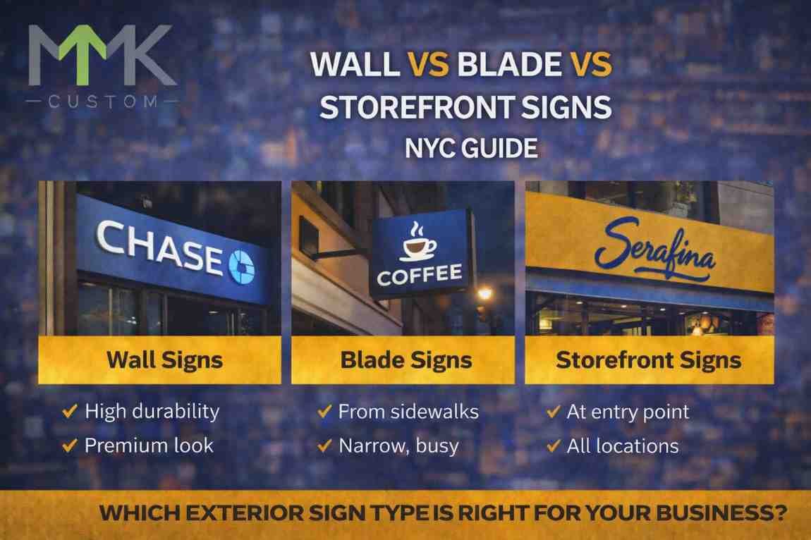 Comparison of wall signs, blade signs, and storefront signs for NYC businesses, showing visibility, placement, and use cases by MMK Custom Signs.