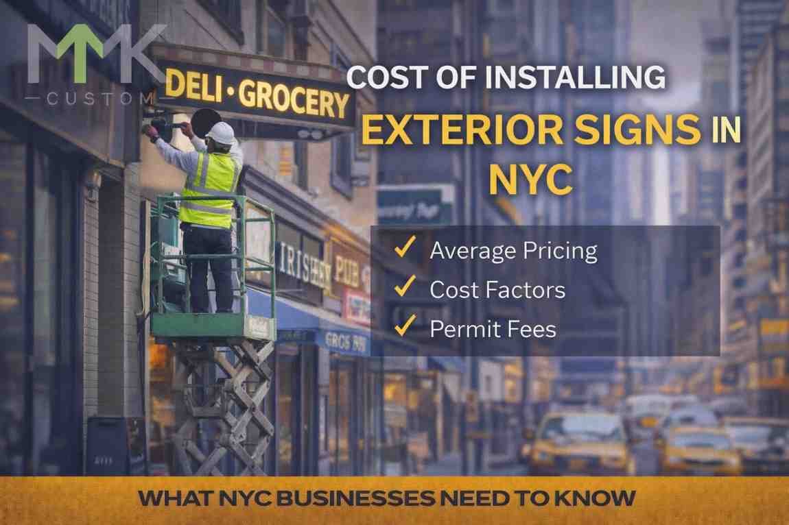 Worker installing an exterior deli sign on a New York City building, illustrating exterior sign installation costs in NYC.