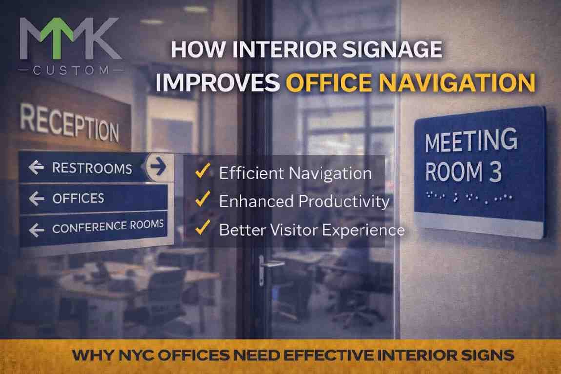 Interior office wayfinding signs in a modern NYC workplace showing elevator and conference room directional signage with MMK Custom logo