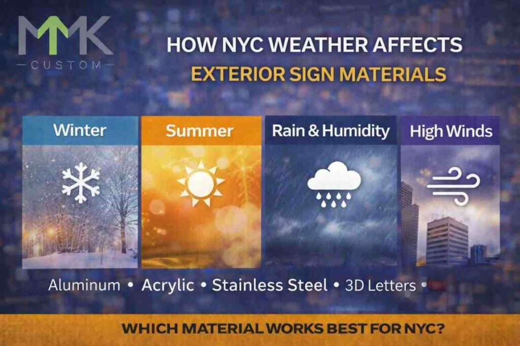 Infographic showing how NYC weather affects exterior sign materials like metal, acrylic, and 3D letters