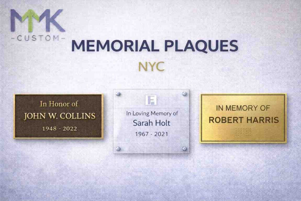 Memorial plaques NYC featuring bronze, brass, and acrylic dedication plaques with engraved lettering and company logo