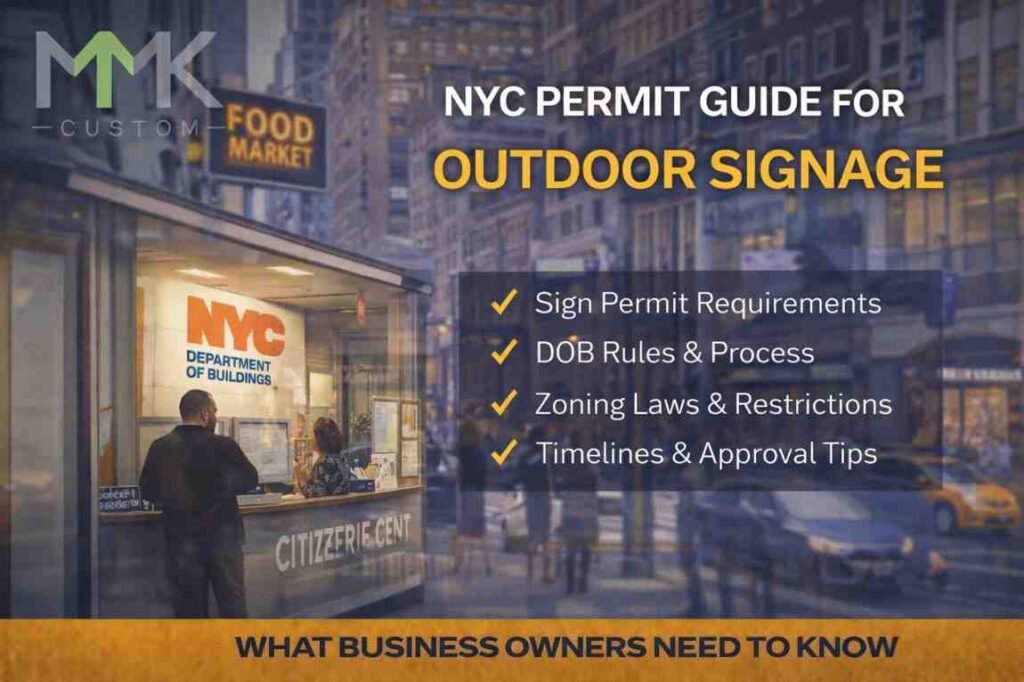 Realistic exterior storefront sign in New York City showing permitted outdoor signage compliant with NYC sign regulations