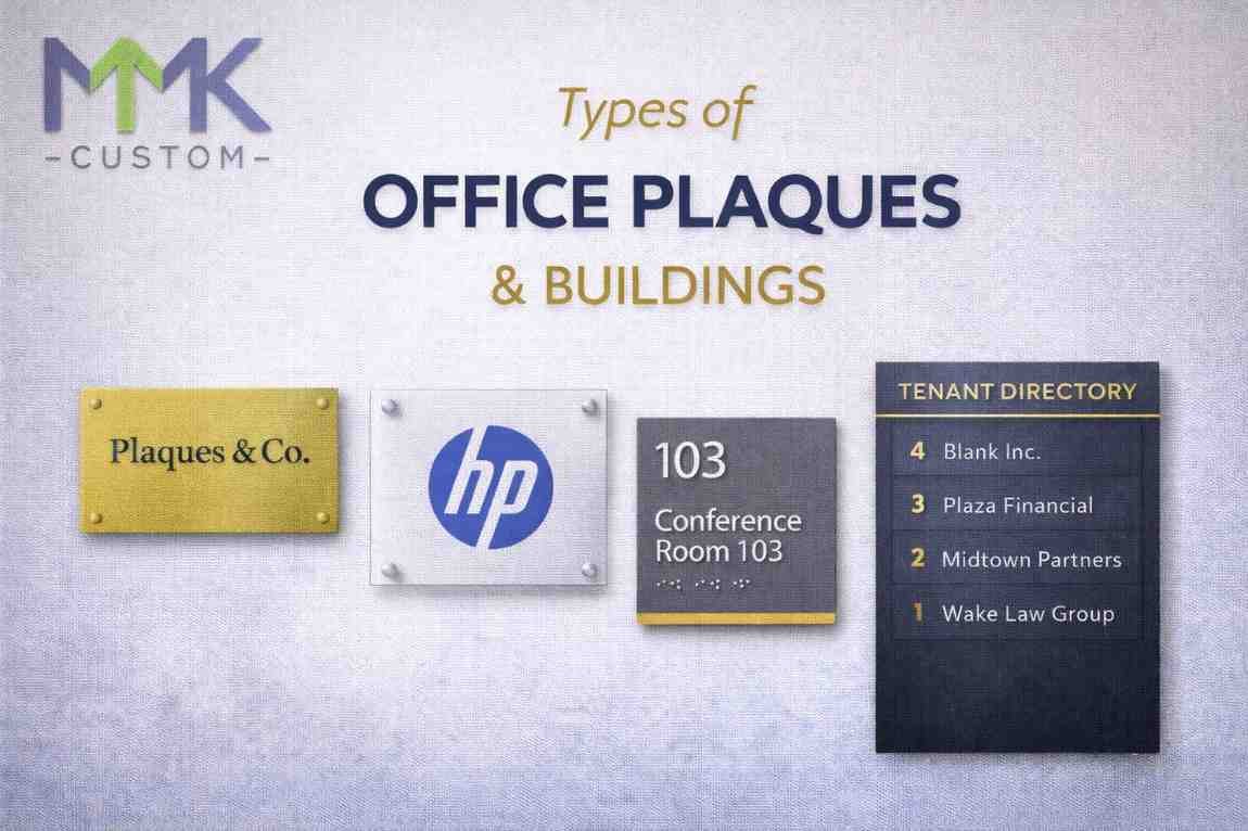 Office plaques NYC including engraved brass plaque, acrylic logo plaque, ADA conference room sign with braille, and tenant directory sign with MMK Custom logo