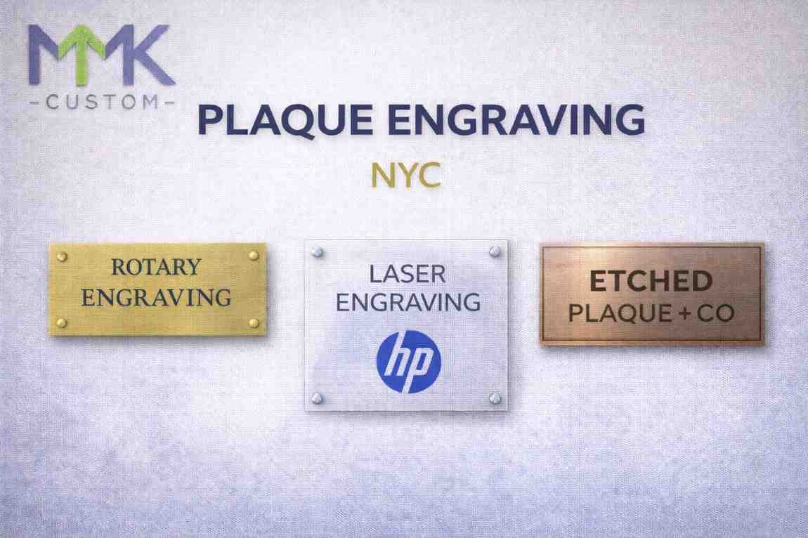 Plaque engraving NYC graphic showing rotary engraved brass plaque, laser engraved acrylic plaque, and etched bronze plaque with company logo