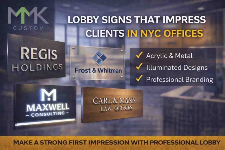 Custom lobby signs in NYC office reception featuring acrylic, metal, and illuminated logo signage with MMK Custom branding
