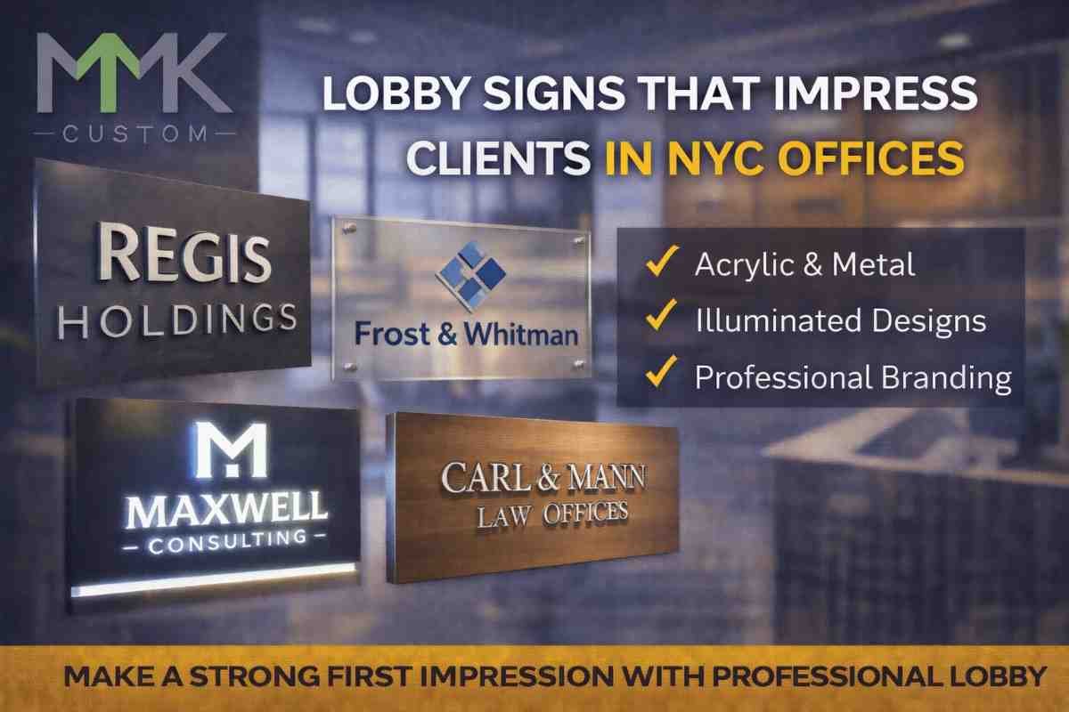 Custom lobby signs in NYC office reception featuring acrylic, metal, and illuminated logo signage with MMK Custom branding