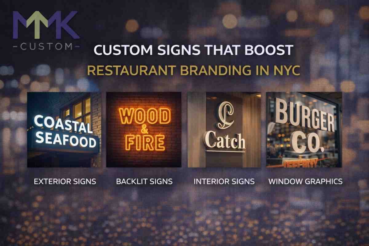 Promotional graphic by MMK Custom showing restaurant signage examples including exterior signs, backlit signs, interior signs, and window graphics for restaurant branding in NYC.