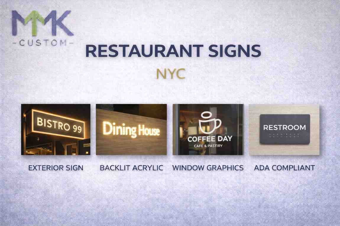 Restaurant signs NYC banner showing exterior illuminated sign, backlit acrylic sign, window graphics, and ADA compliant restroom sign with company logo