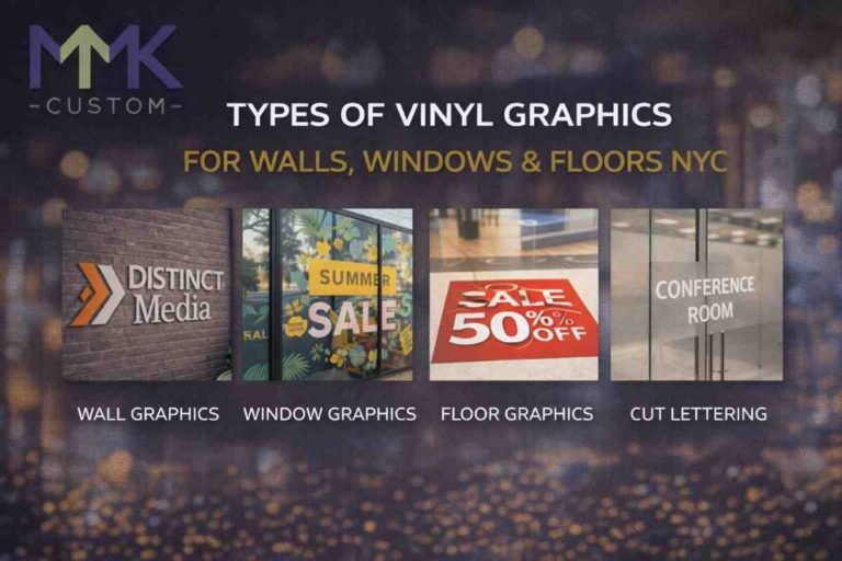 Vinyl graphics NYC examples including wall graphics, window graphics, floor graphics, and cut vinyl lettering used for business branding.